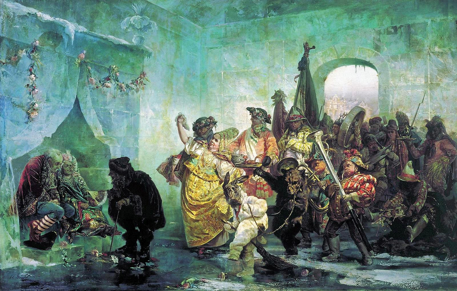 В.Я. Якоби. Ледяной дом. 1878 г. Сибирский шаман в «рогатой короне» с бубном в руках помещён в передний ряд «этнографических» гостей